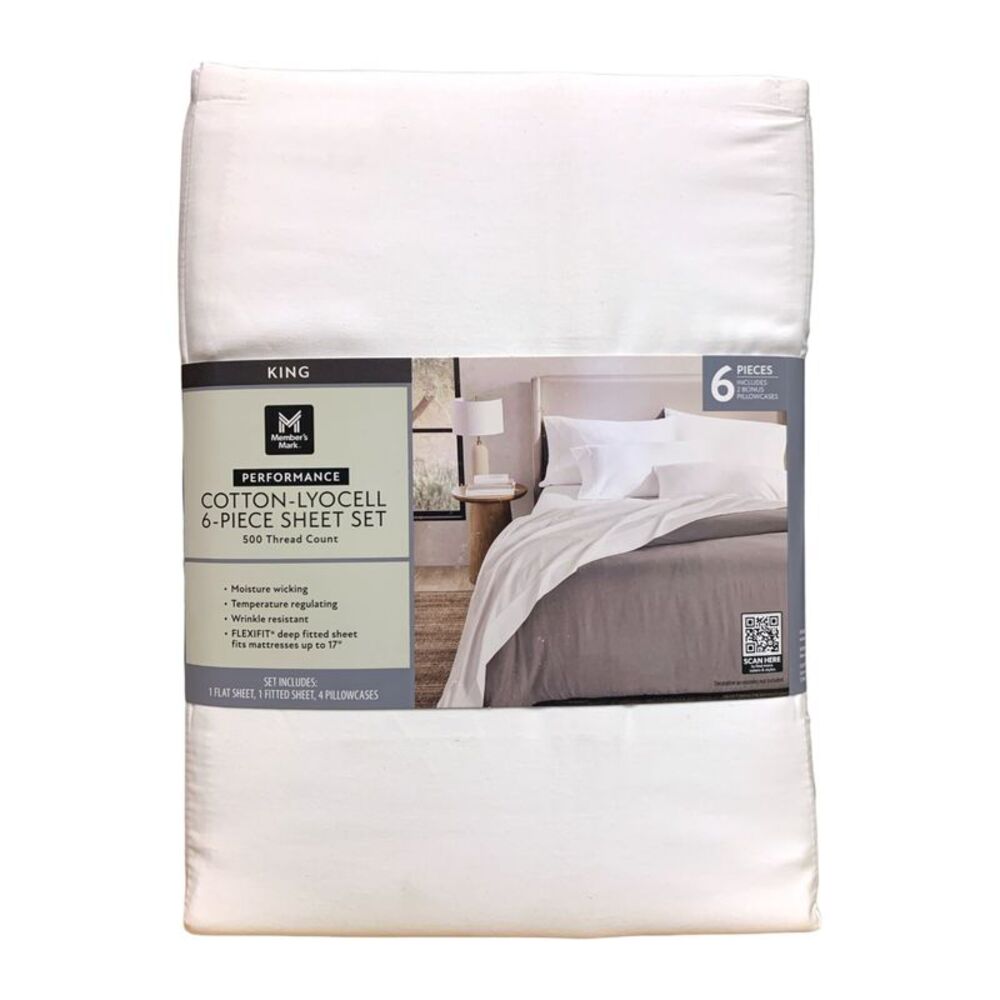 Arctic White - Member's Mark 500TC Performance Cotton-Lyocell Sheet Set, 6 Piece